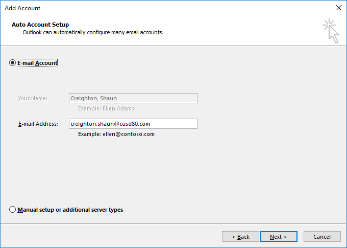 Outlook E-mail Account settings window 